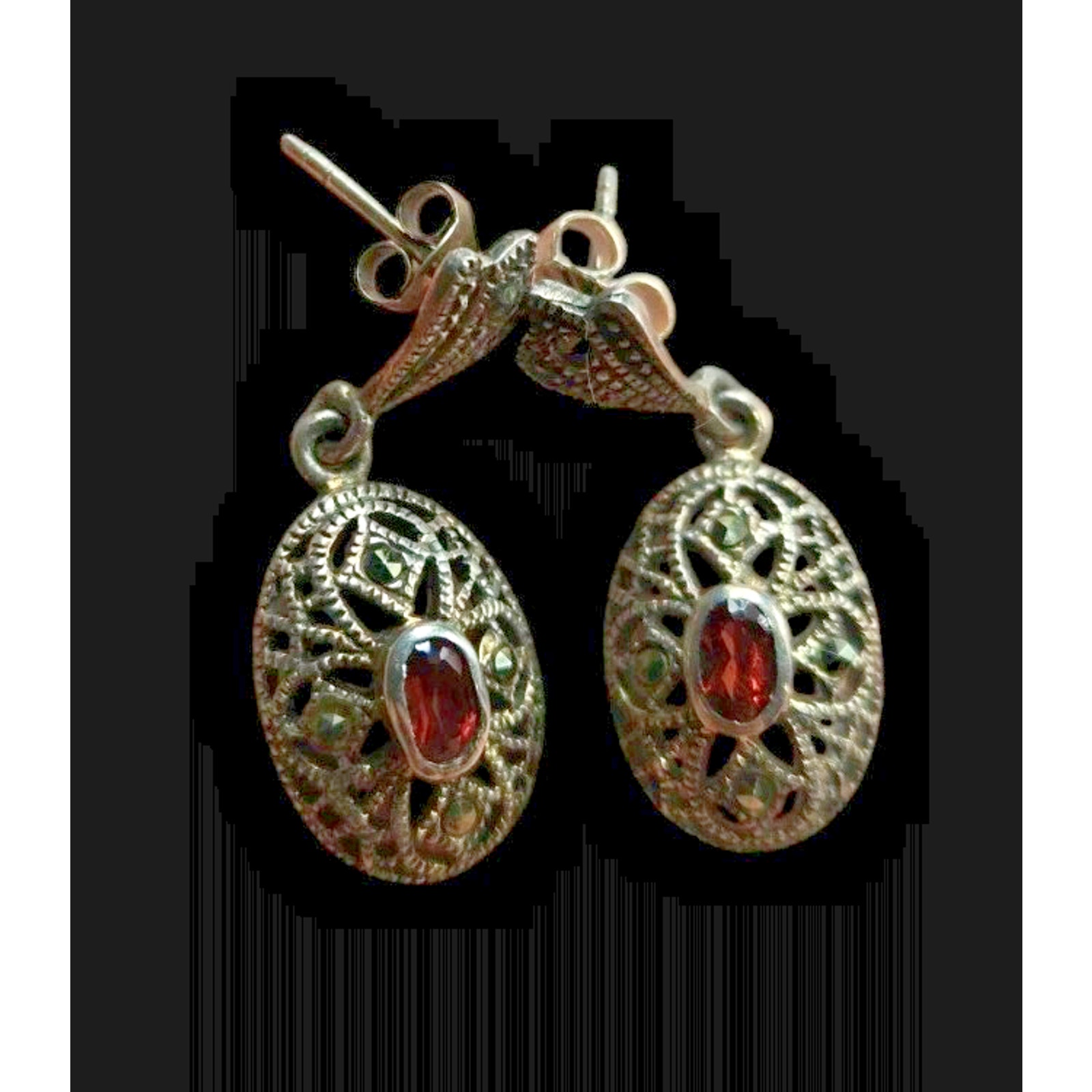 Vintage Sterling Silver Garnet Marcasite Dangle Drop Hook Earrings SM1