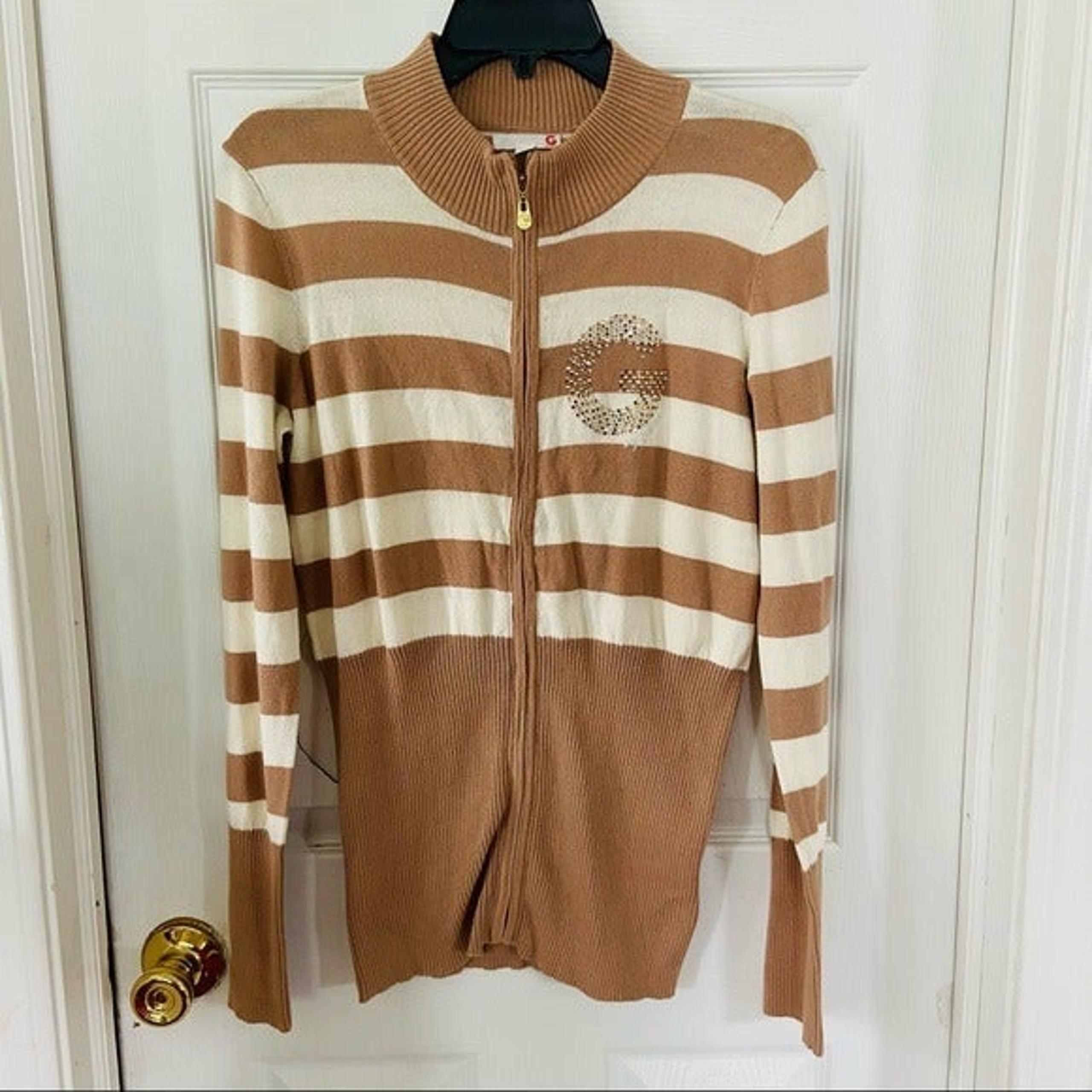 NWOT G BY GUESS striped tan neutral zip Up studded G cotton sweater size XL
