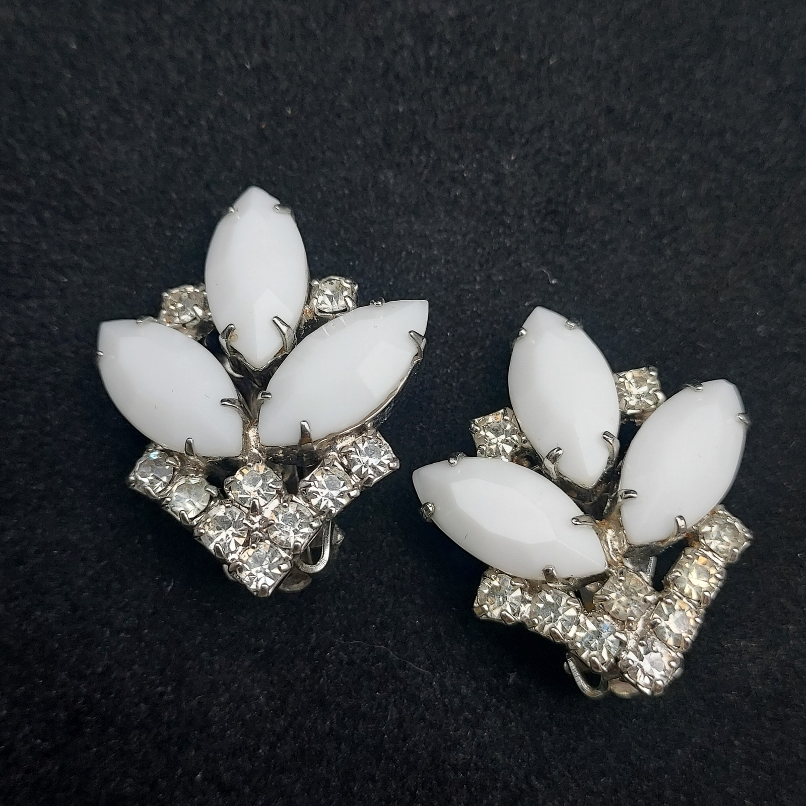 Weiss White Milk Glass Rhinestone Clip On Earrings Vintage Glam Costume Jewelry