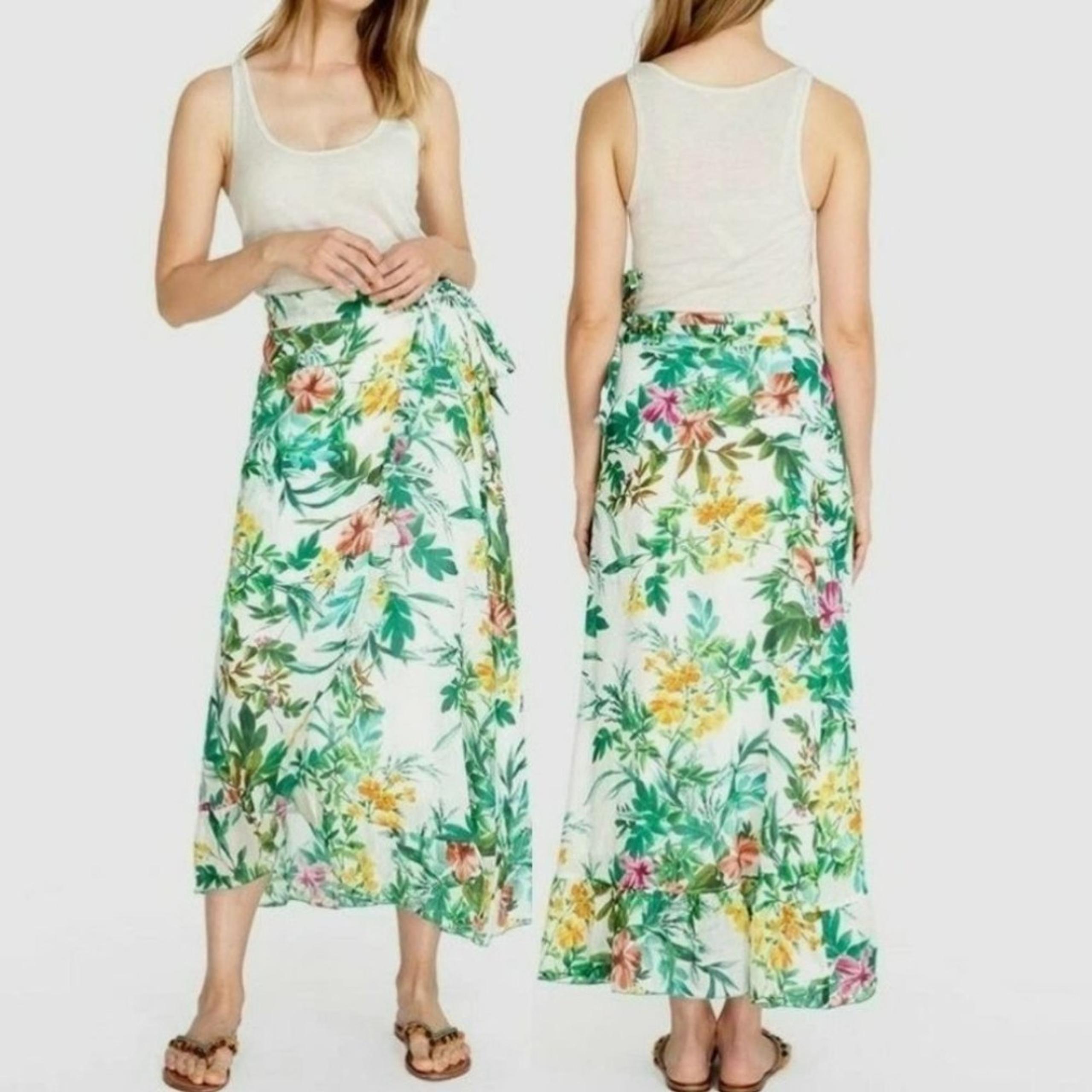Johnny Was Floral Cream Ramie Linen Asymmetrical Wrap Lined Maxi Skirt Size XS