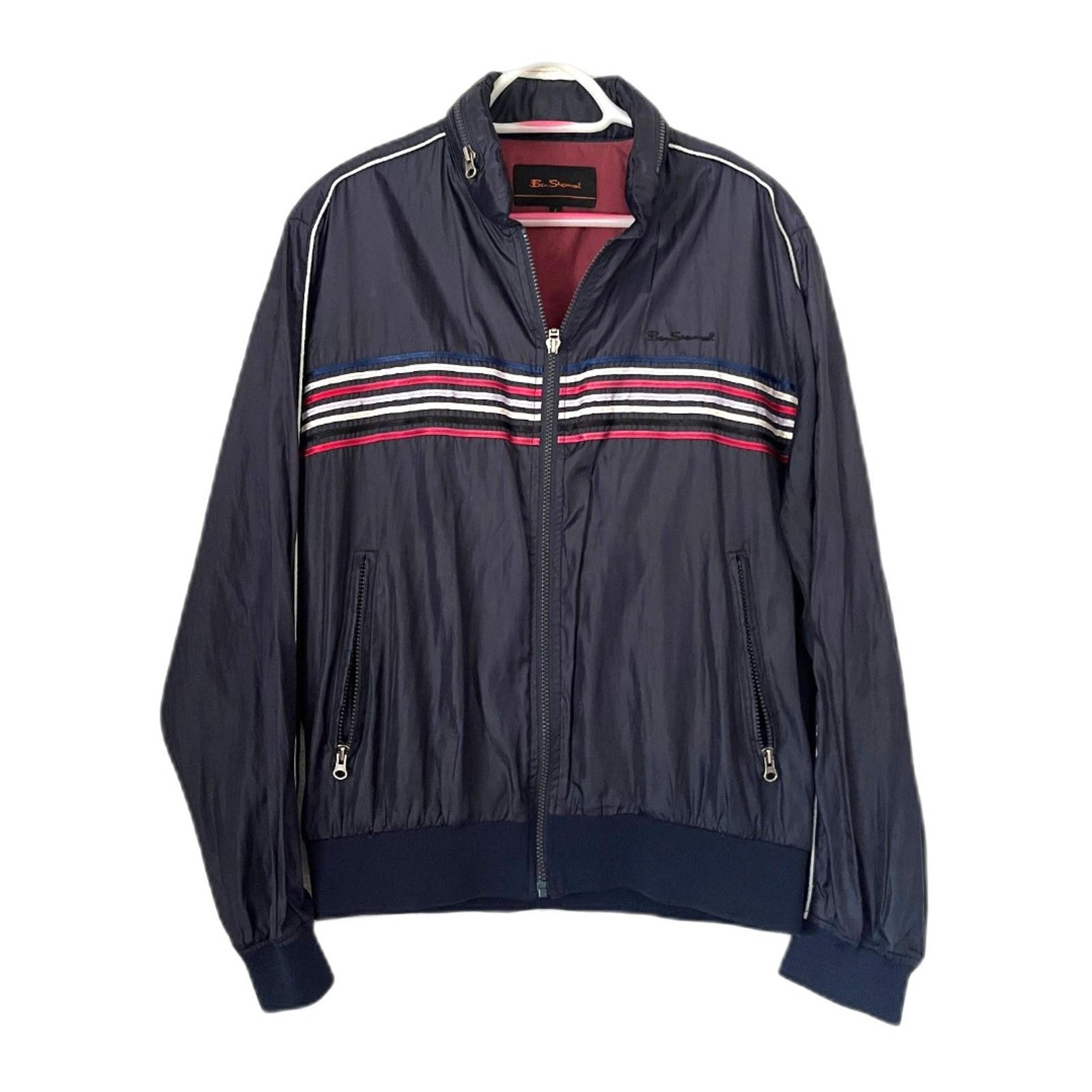 Ben Sherman Blue Satin Retro Stripe Full Zip Mod Bomber Jacket   Mens Size Large