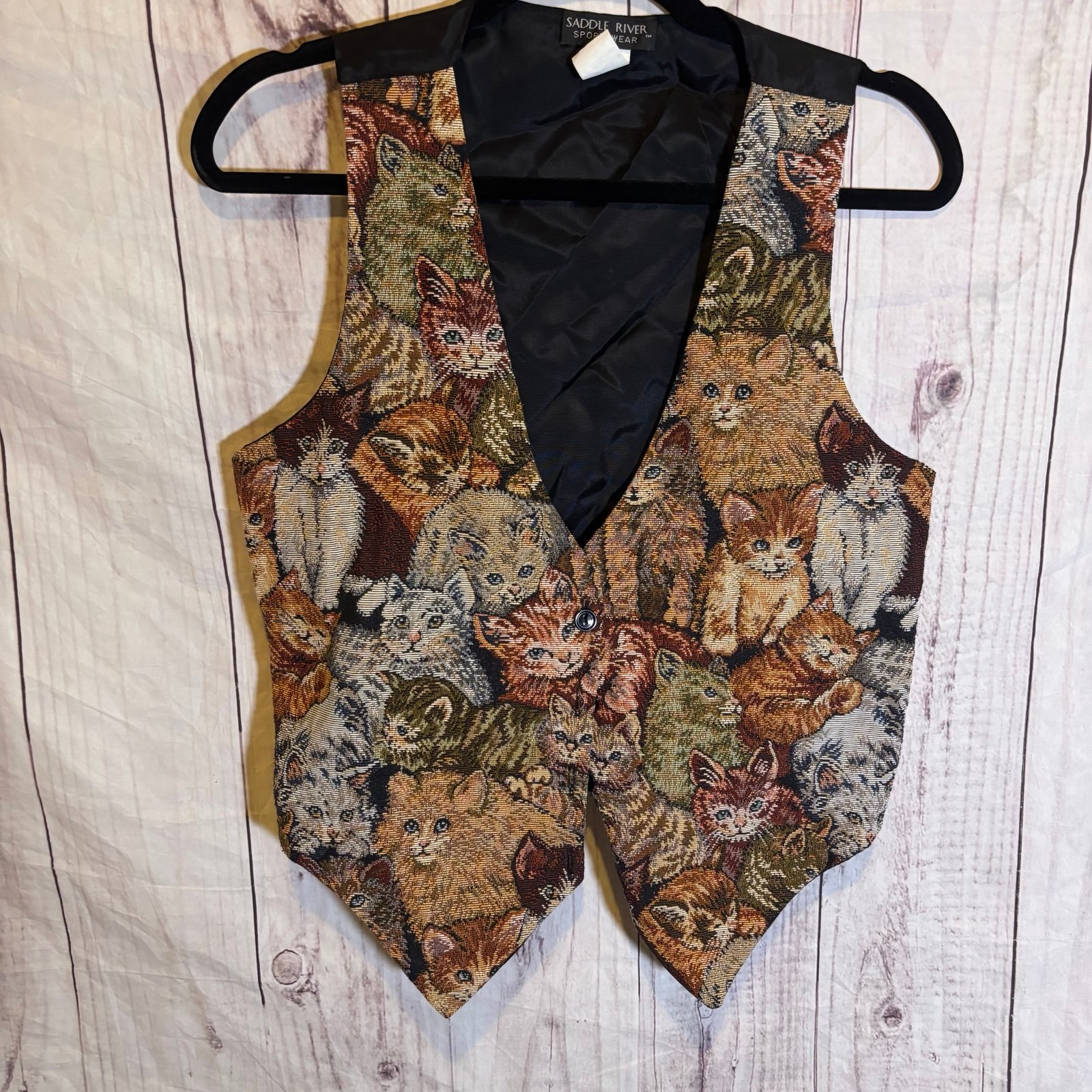 Vintage V-Neck Printed Quilted Button up Cat Patterned Vest Small