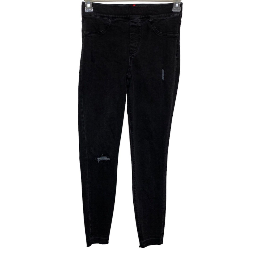 Spanx Pants Women Size M Pull On Distressed Black Denim Jeggings Raw Hem READ
