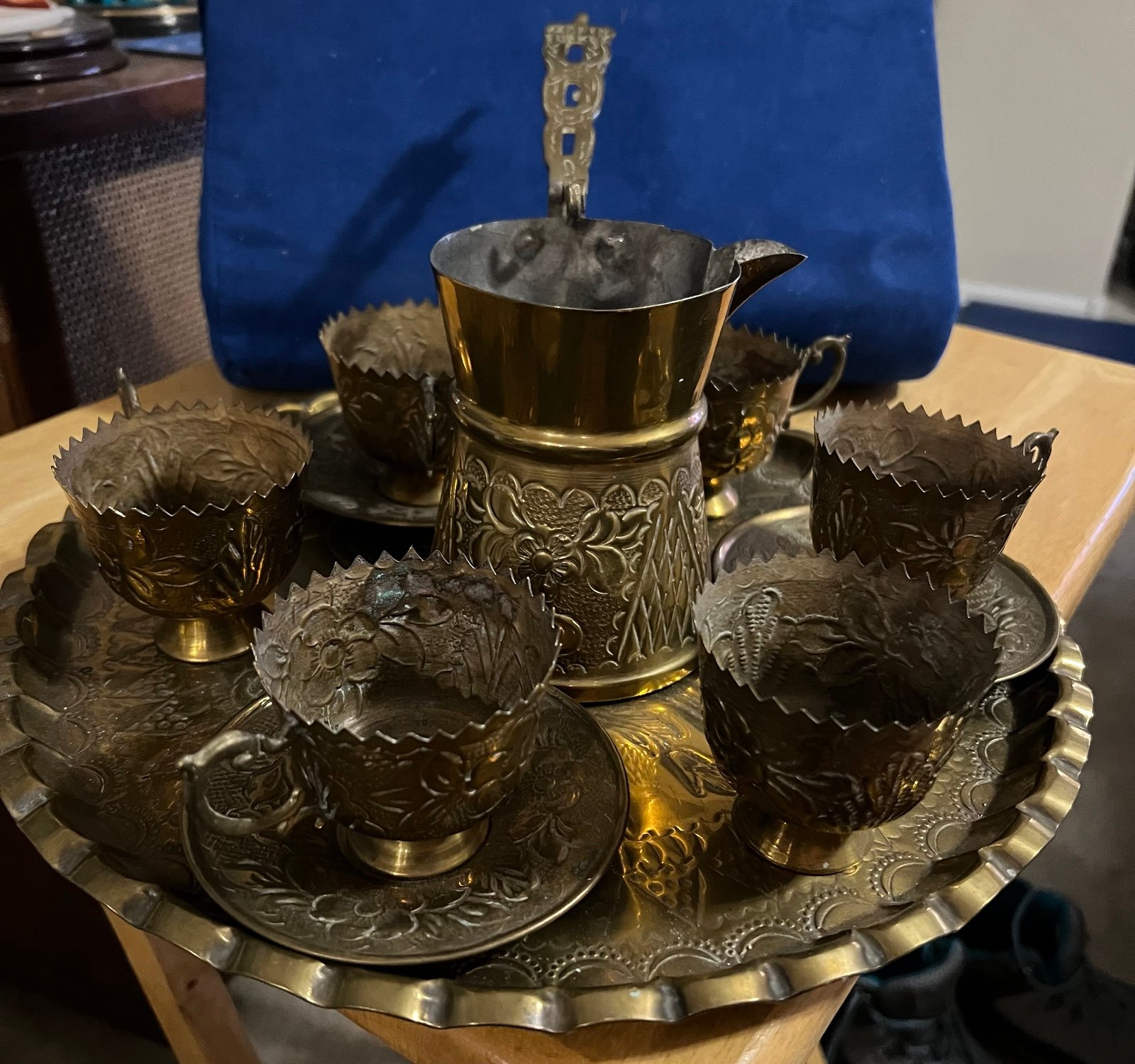 Vintage Brass 6 Cup Turkish Tea / Coffee Set with Tray