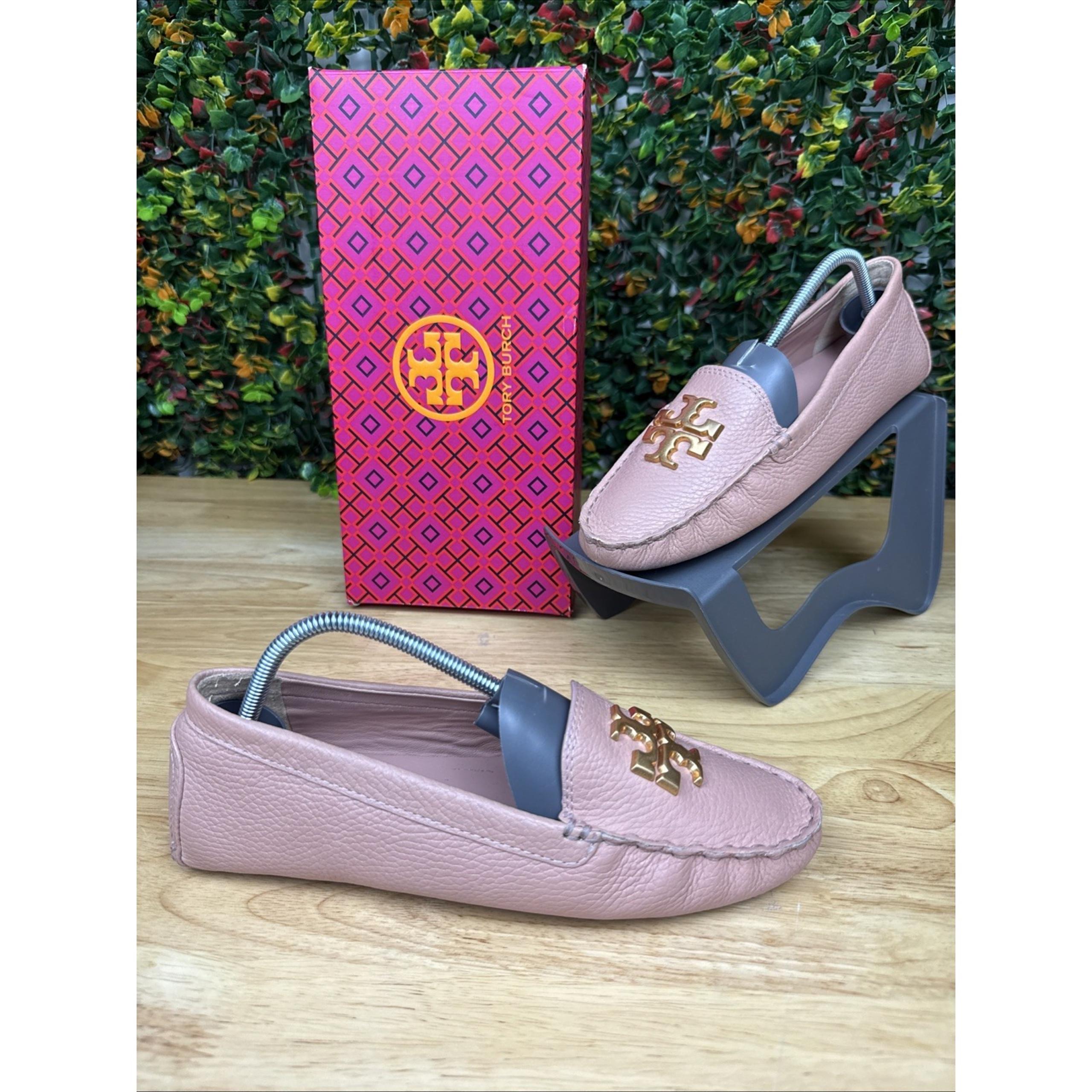 Tory Burch Everly Driver Tumbled Leather Loafer Pink Moon Rolled Brass Women 7.5