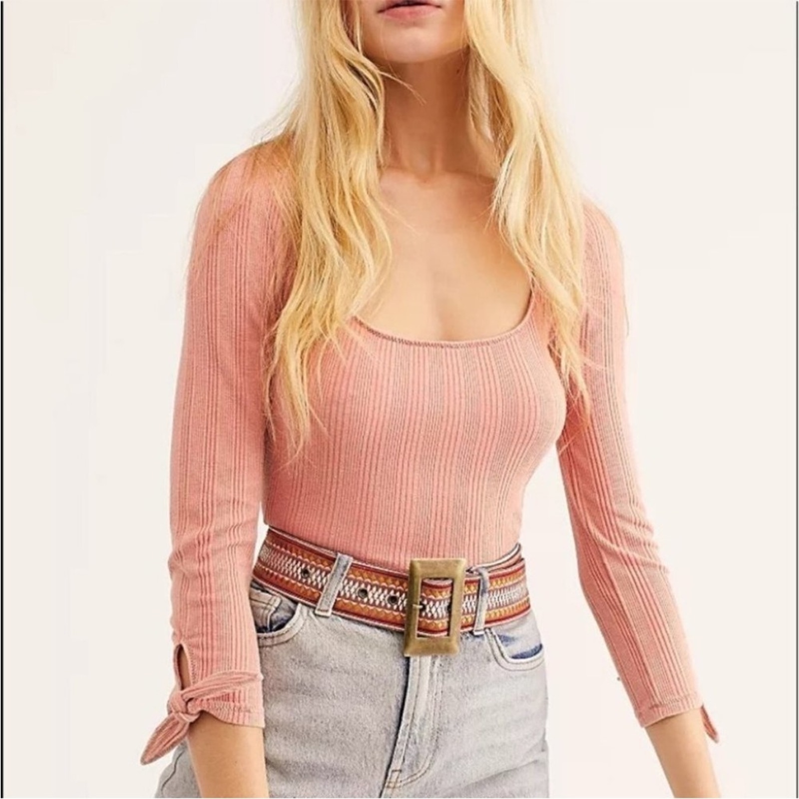 Free People | Women’s Move On Bodysuit Mooncake Pink Ribbed Long Sleeve Bow Cuff