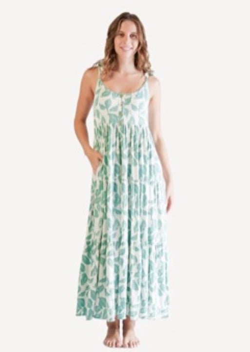 Kate Quinn X-Large Women’s Spaghetti Tie Pom Pom Prairie Dress  Woods Leaf