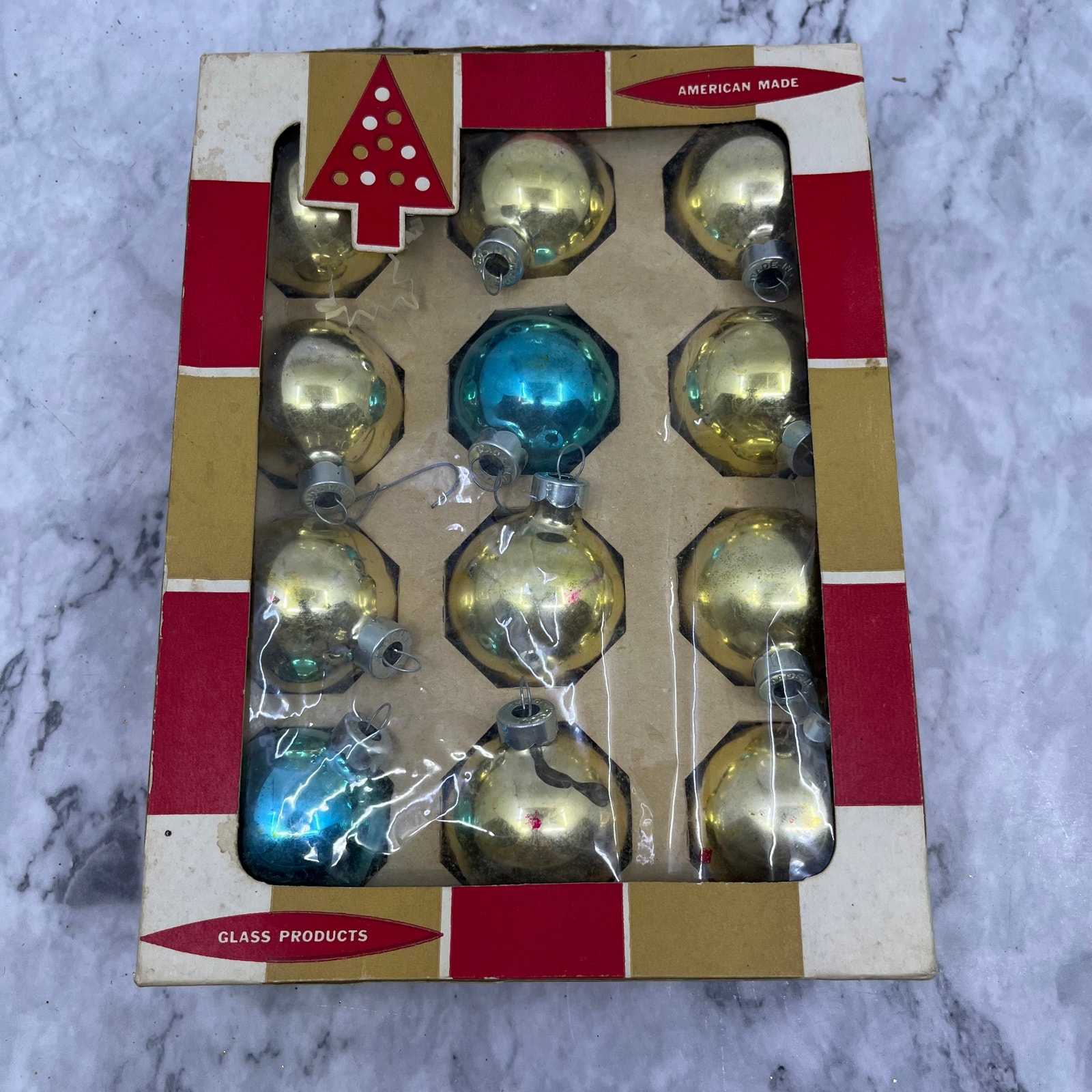 Coby 12 Vintage 1 3/4 Mercury Glass Ornaments Original Box Blue Gold OT1