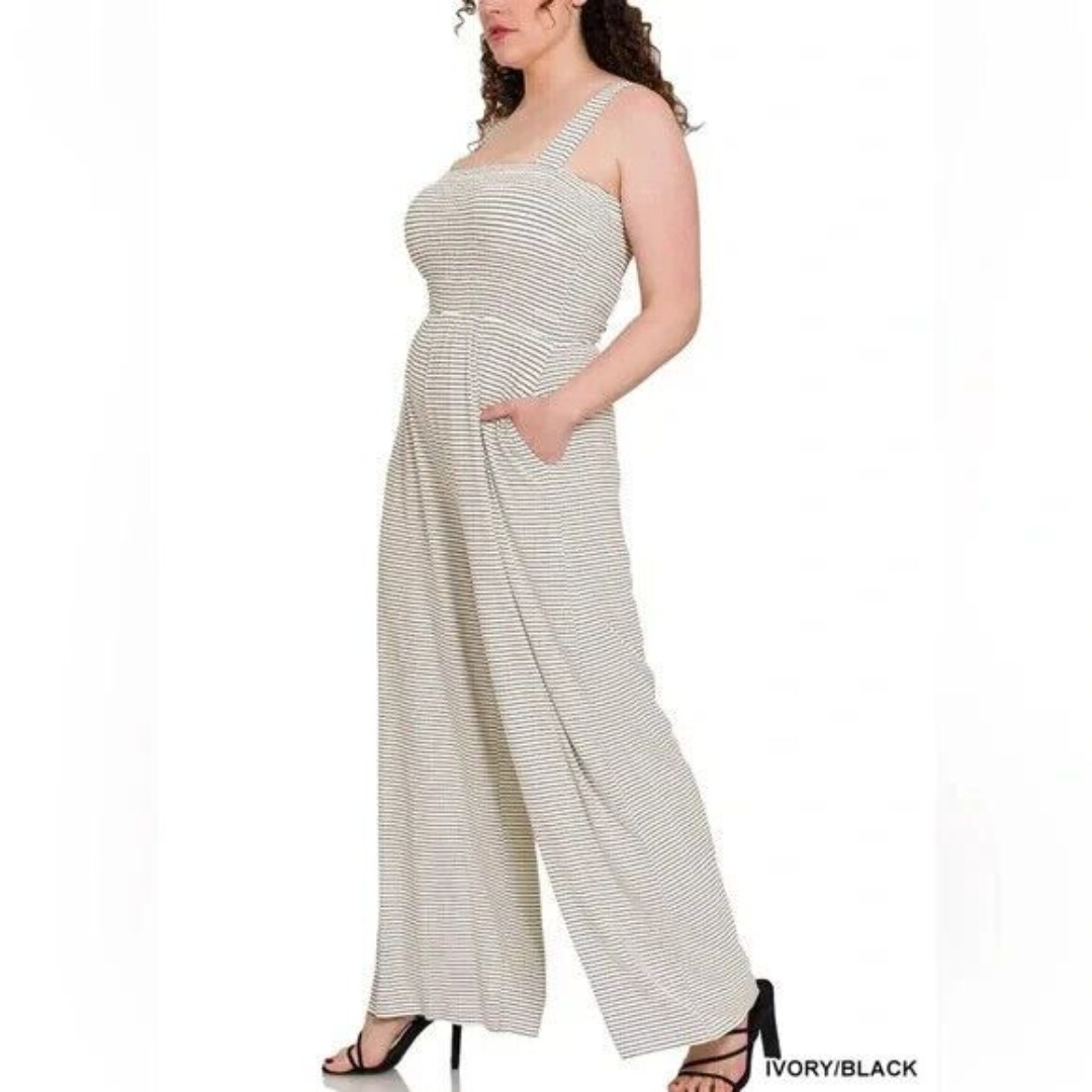 Zenana Jumpsuit Wide Leg Smocked Top Ivory Black Striped Size 3X