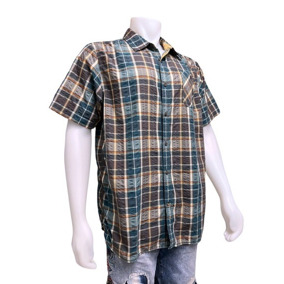The North Face Orange and Grey Plaid Short Sleeve Button Up Collar Shirt