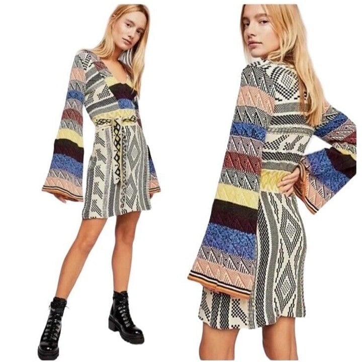 Free People Sz XX/TTP Bell Sleeve Patchwork Sweater Dress 70s Retro new