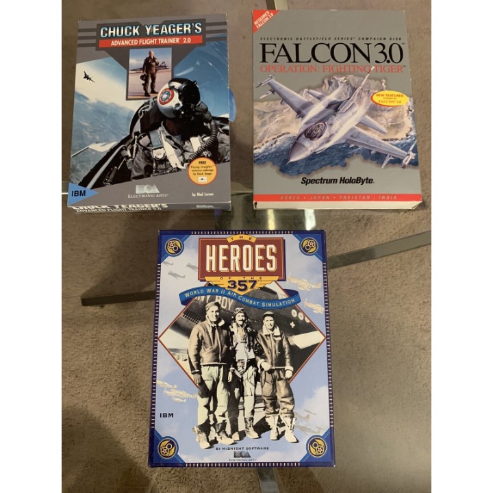 Lot of 3 Aviator PC Big Box Games Advanced Flight, Falcon 3.0, Heroes of The 357