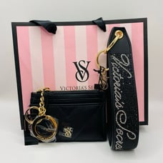 Victoria’s Secret Black Script Rhinestone Wristlet & Card Case Keychain Set