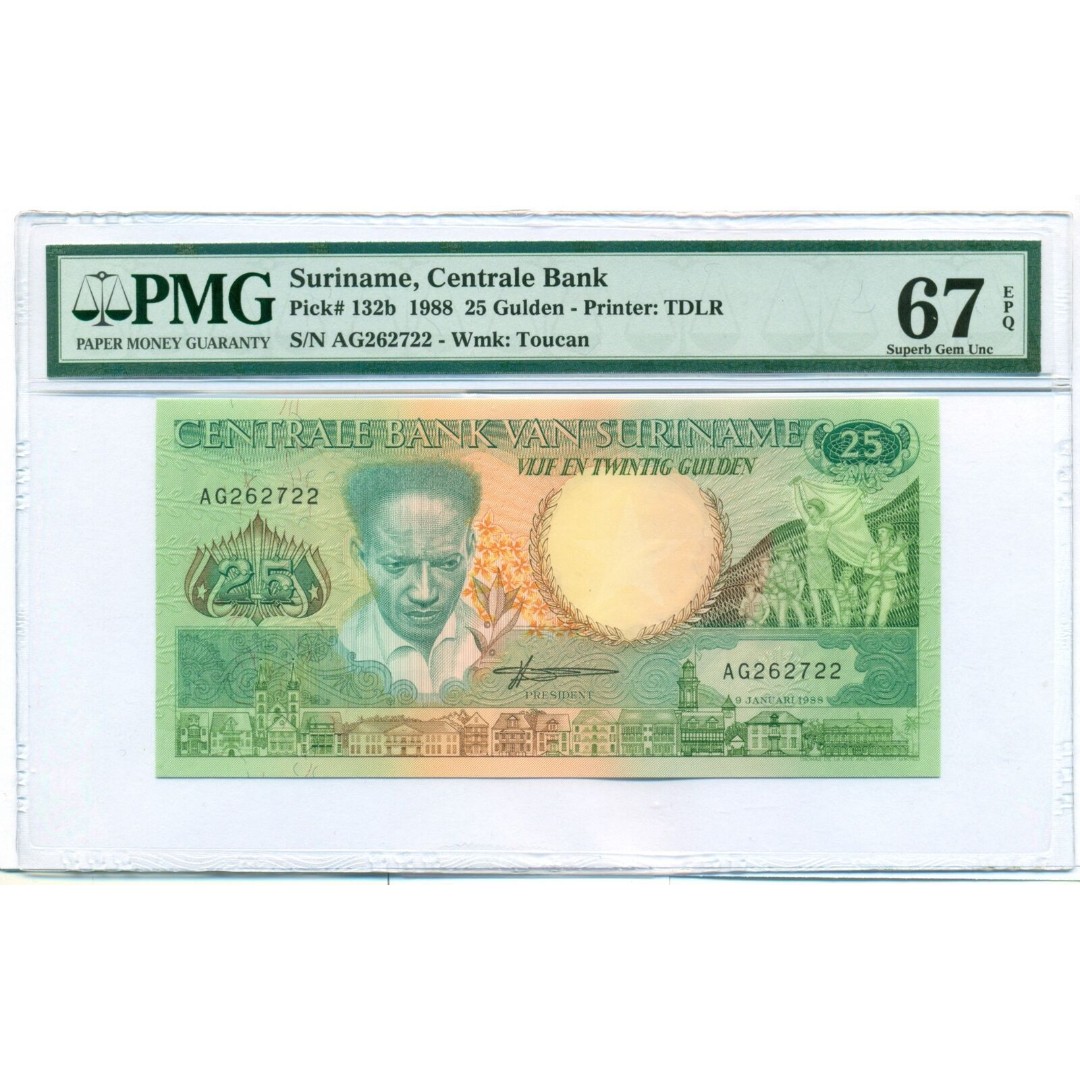 Suriname 1988 25 Gulden Bank Note Superb Gem Unc 67 EPQ PMG