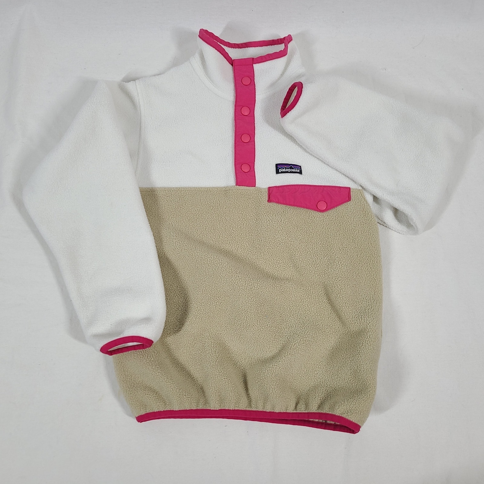 Patagonia Kids Synchilla Snap T Colorblock White Tan Small 7-8