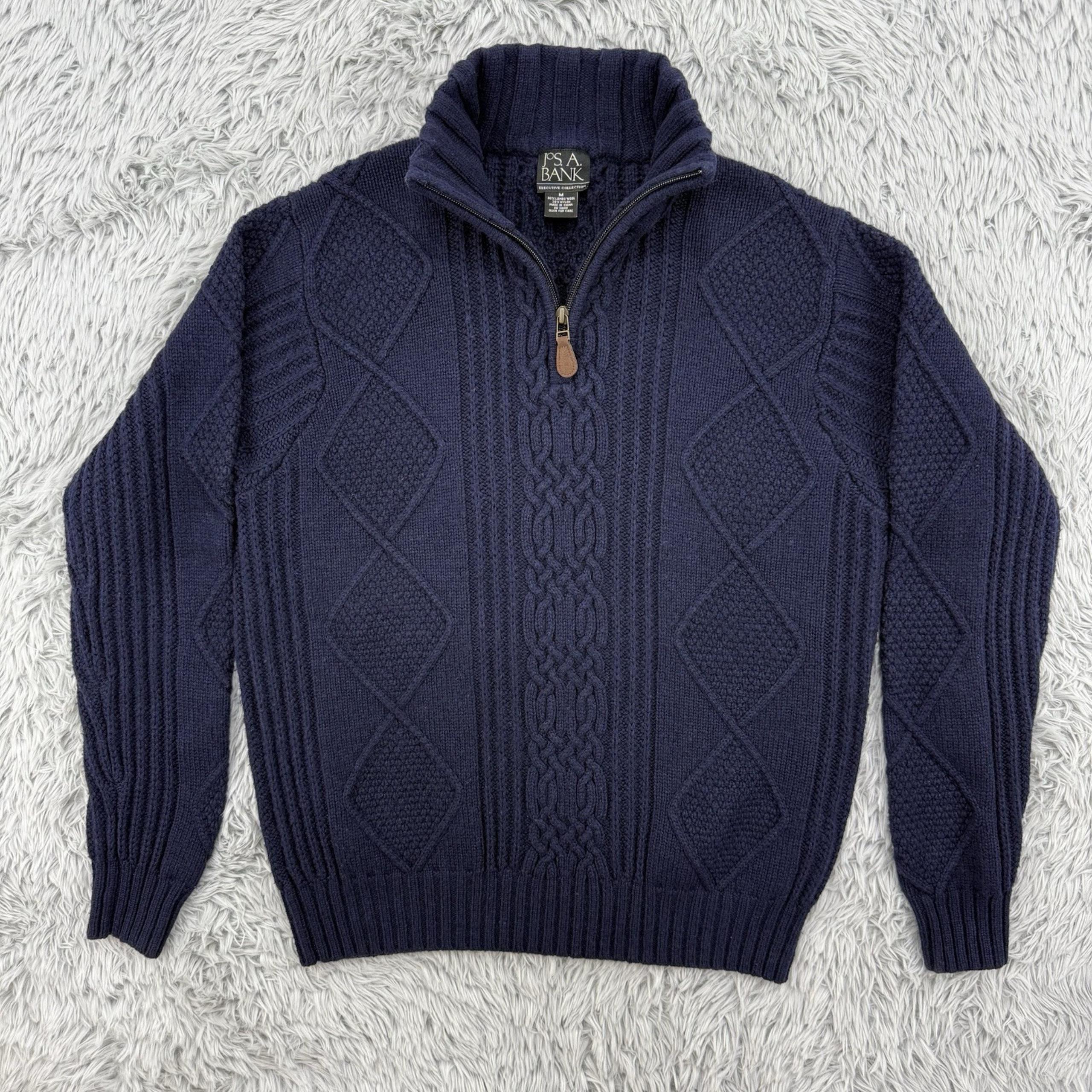 Jos A Bank Sweater Mens M Navy Lambswool Chunky Cable Knit Fisherman Quarter Zip