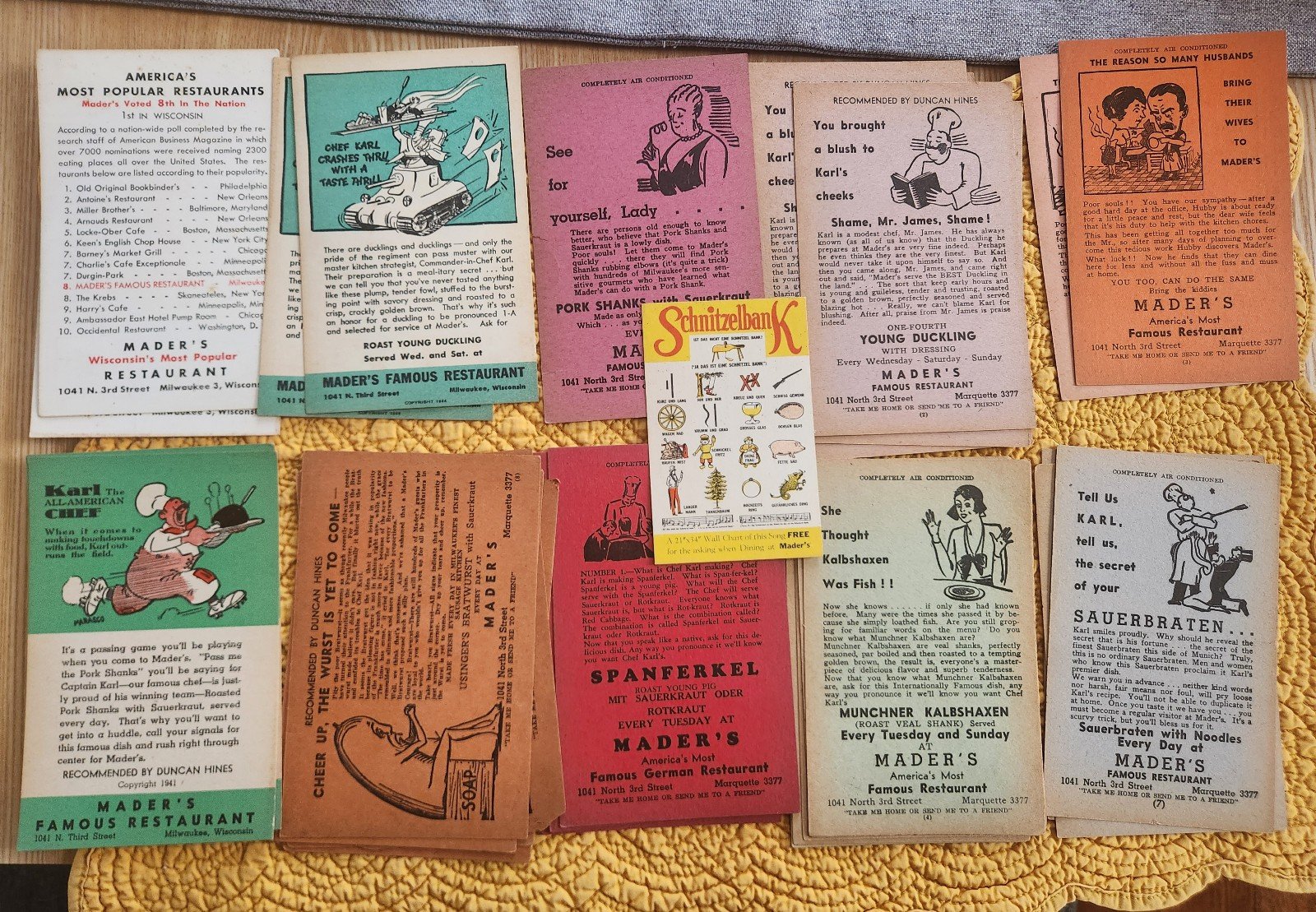 Vintage Mader's German Restaurant of Wisconsin Postcard-Size Advetisements