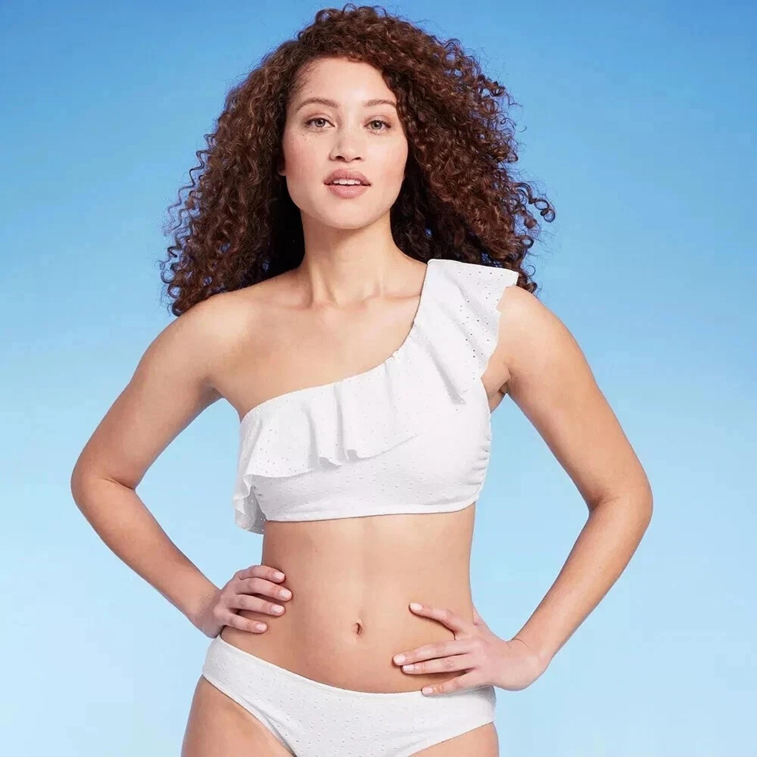 Kona Sol Women's Size Medium White Eyelet Ruffle One Shoulder Bikini Top