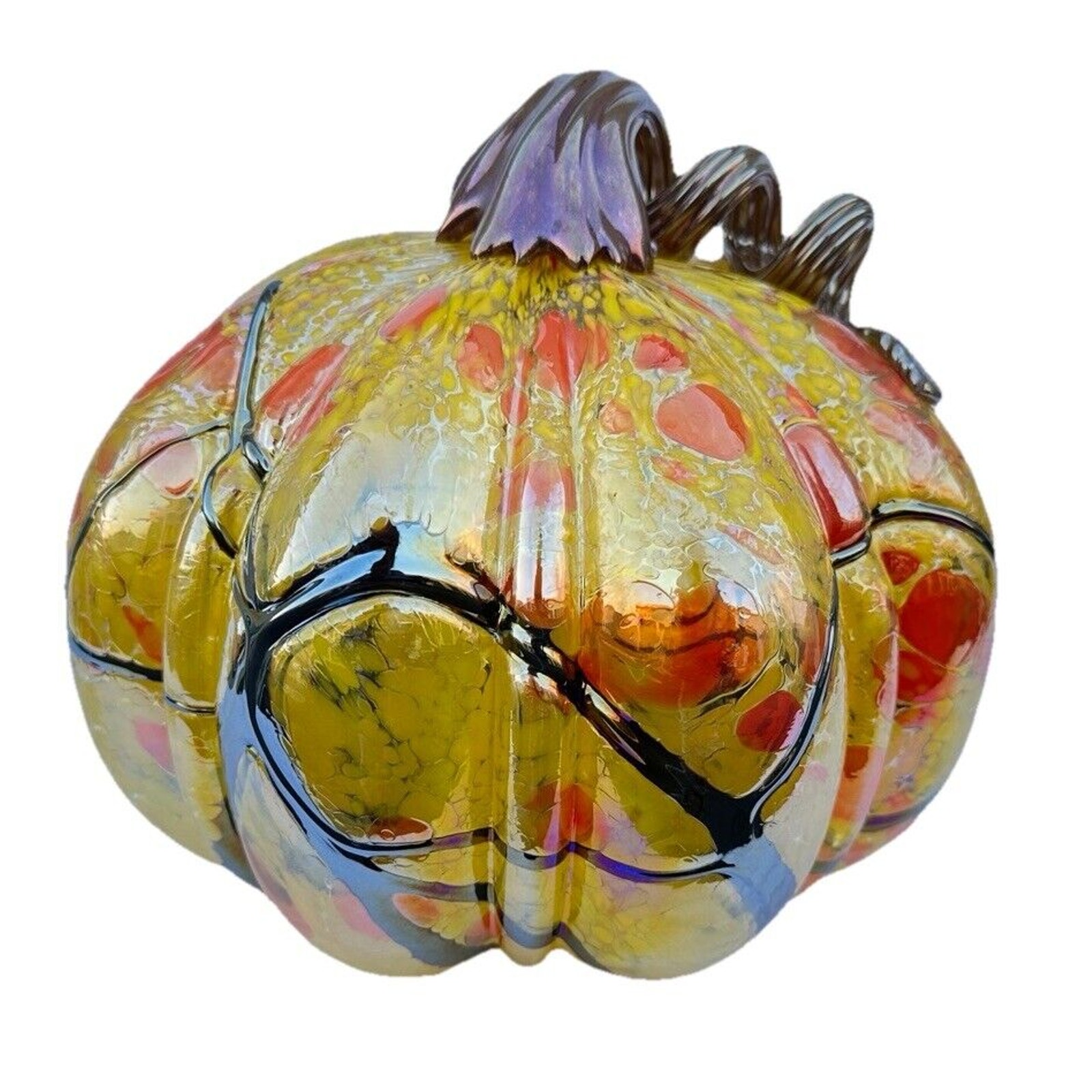 Multi Color GLASS PUMPKIN Large Halloween Fall Decor Hand blown Orange Yellow