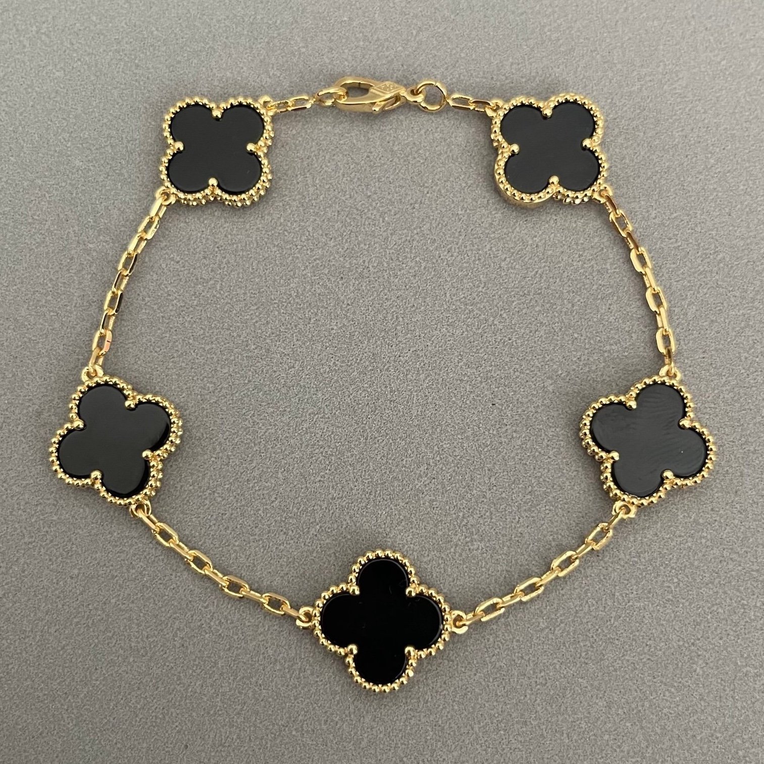 Gold plated clover bracelet black onyx 7.5”