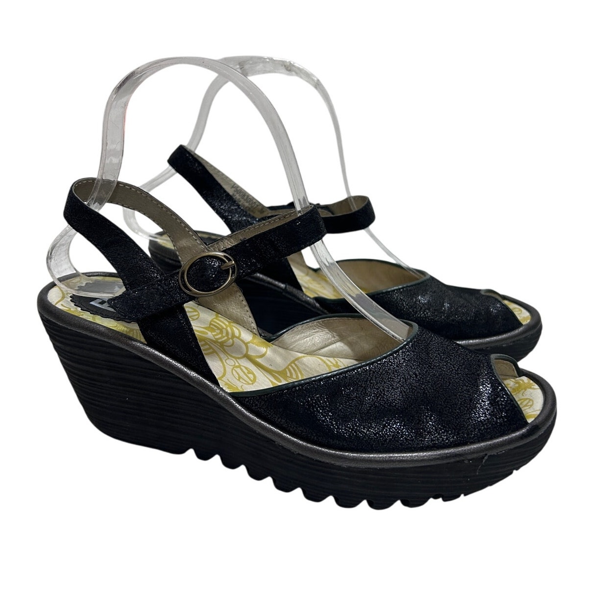 FLY LONDON Yora Sandals 38/7.5 Leather Ankle Strap Black Boho Whimsical Indie