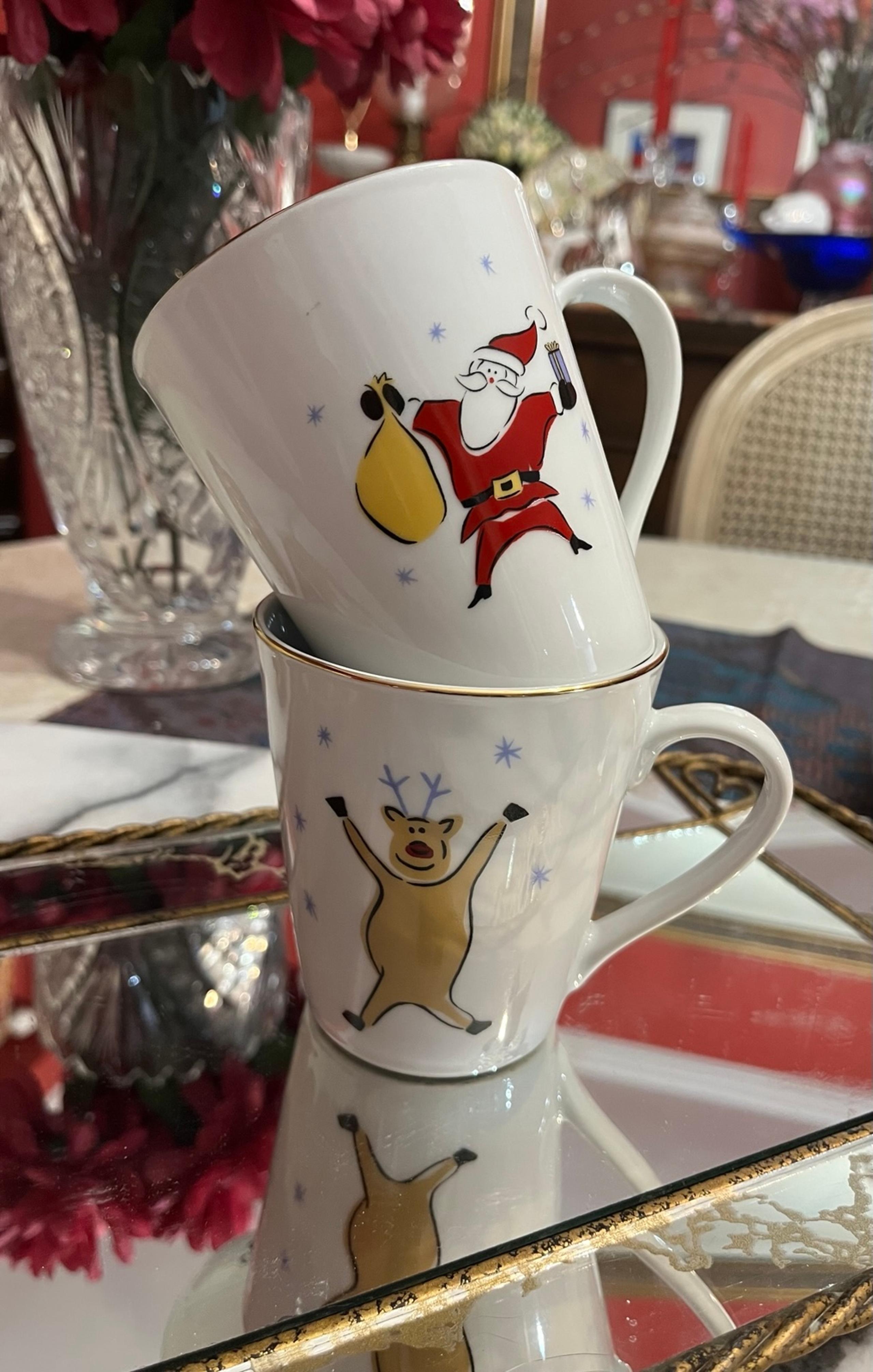 Lot Of 2 Vintage Merry Brite Porcelain MERRY CHRISTMAS Mugs: Santa • Reindeer