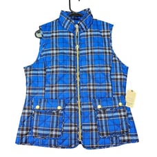 St. John's Bay Quilted Vest Pockets Full Zip Plaid Blue Black Medium