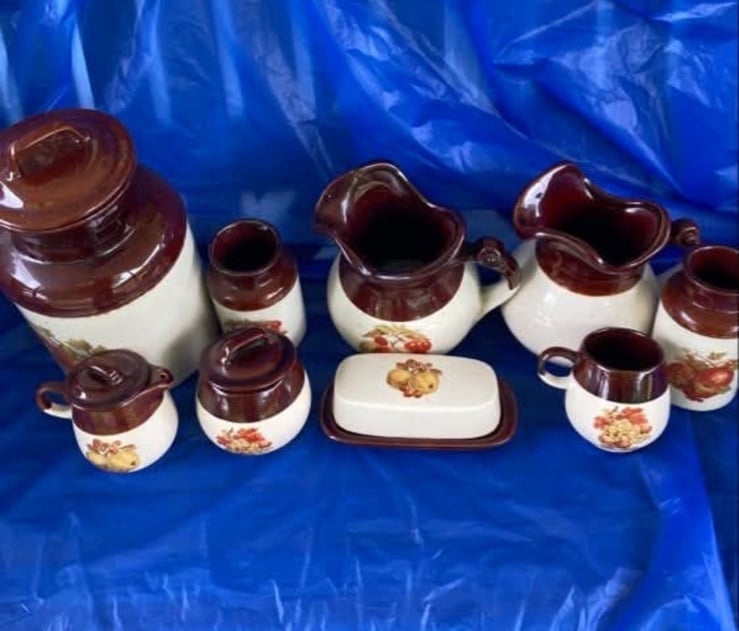 9 McCoy USA Pottery Pitcher & Butter dish Brown Cream Fruit Nut Pattern Vintage