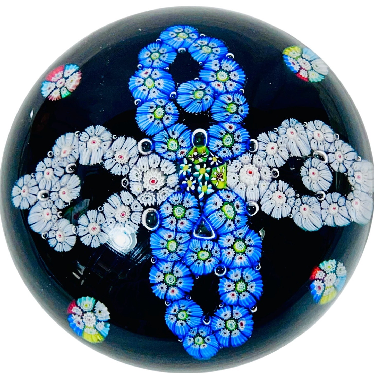 Murano Floral Bubble Art Glass Hand Blown Paperweight Blue White Millefiori 3.5
