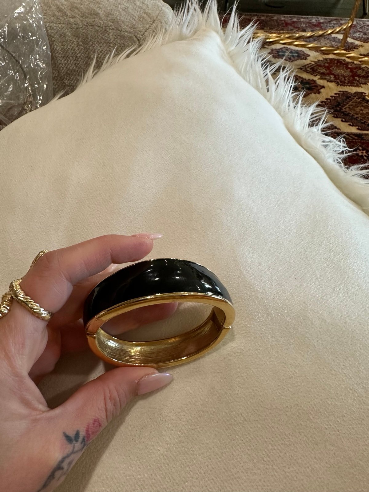 Vintage Signed Napier Enamel Cuff Bracelet Bangle Gold Black Mod Midcentury Retr