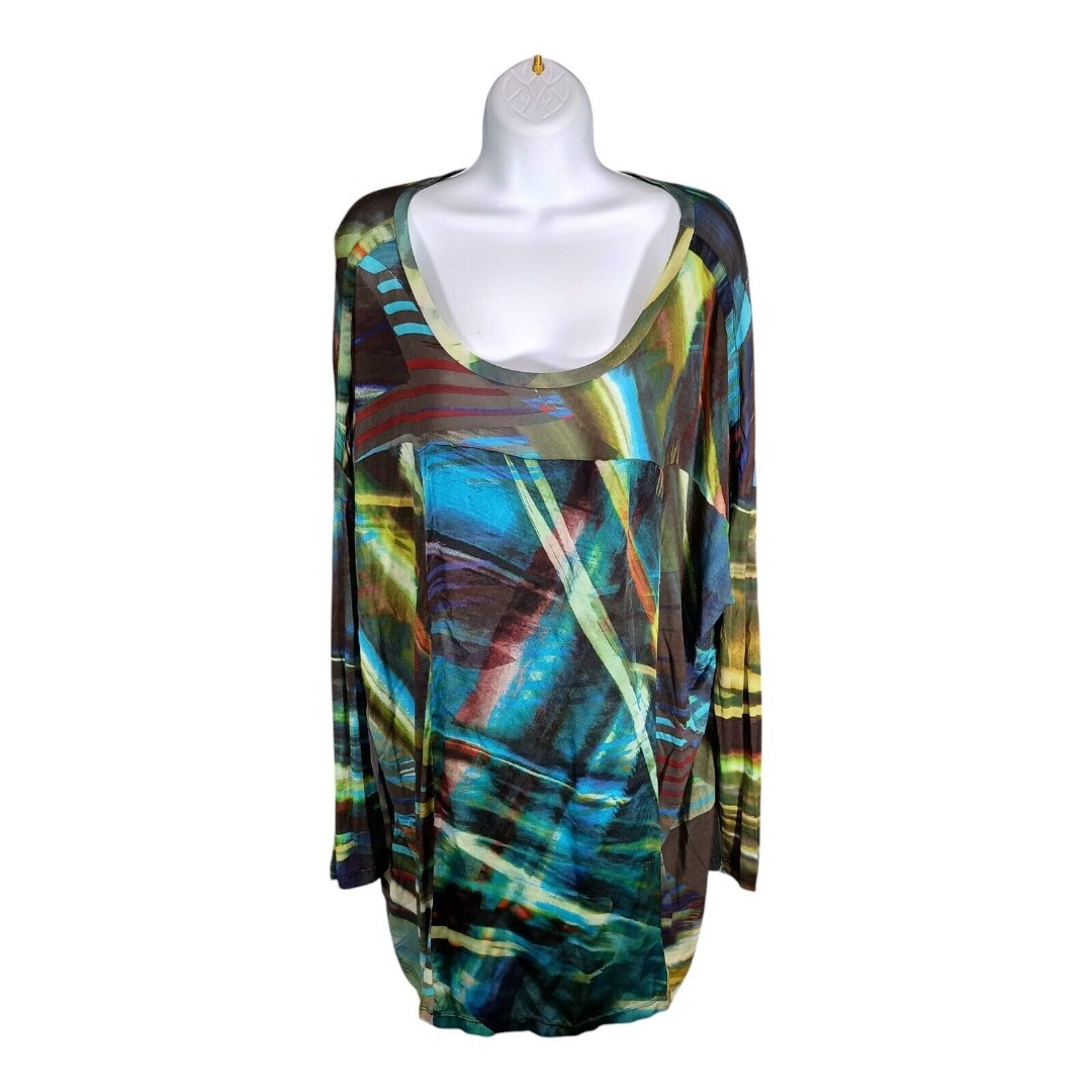 Johnny Was Biya Top Tunic Rayon Silk Watercolor Oversized Long Sleeve XS