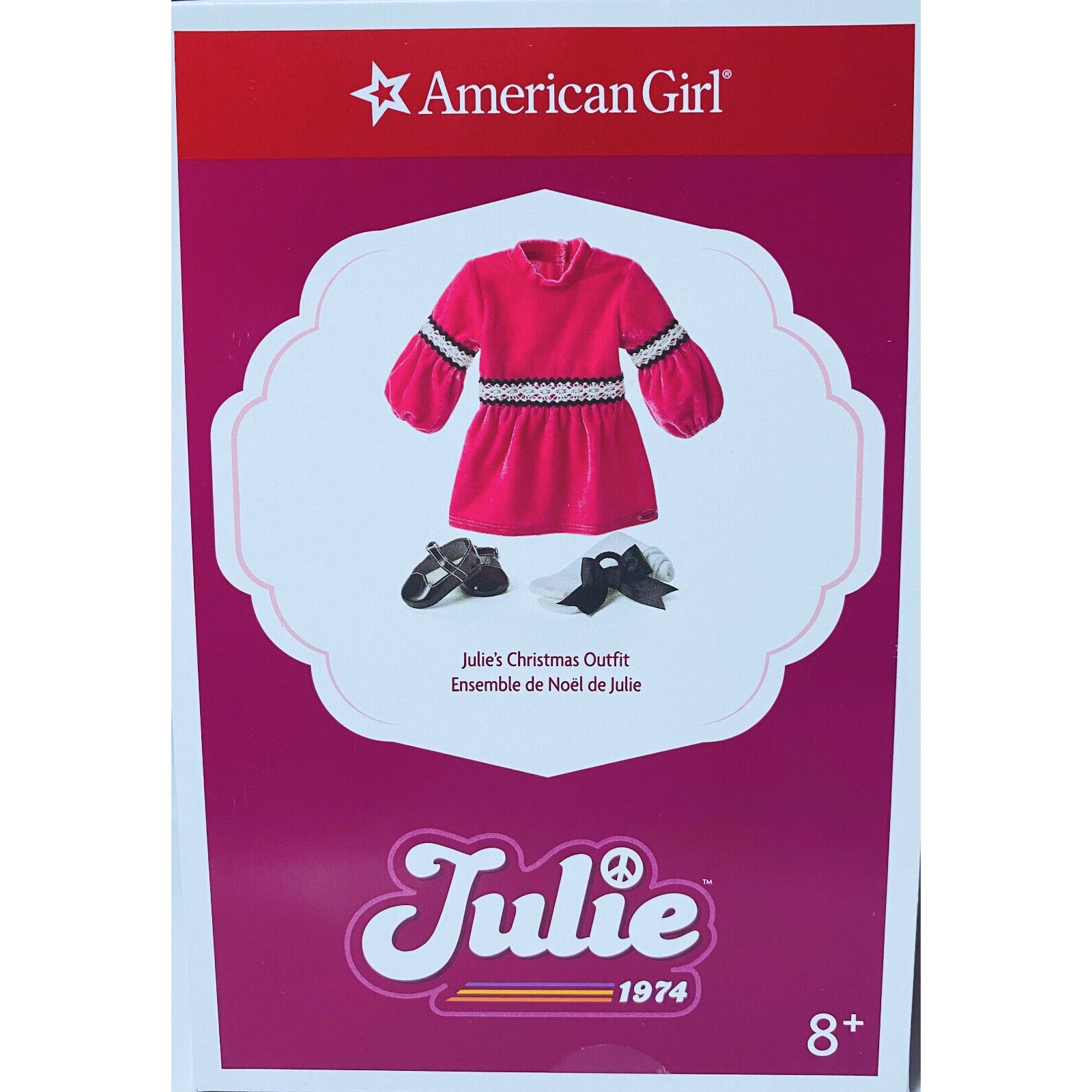NEW American Girl JULIE CHRISTMAS OUTFIT 70's Velvet Dress Hair Bow Tights Shoes