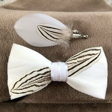 White & Brown Luxury Leather Feather Bow Tie and Lapel Pin Set Italy Formal Tux