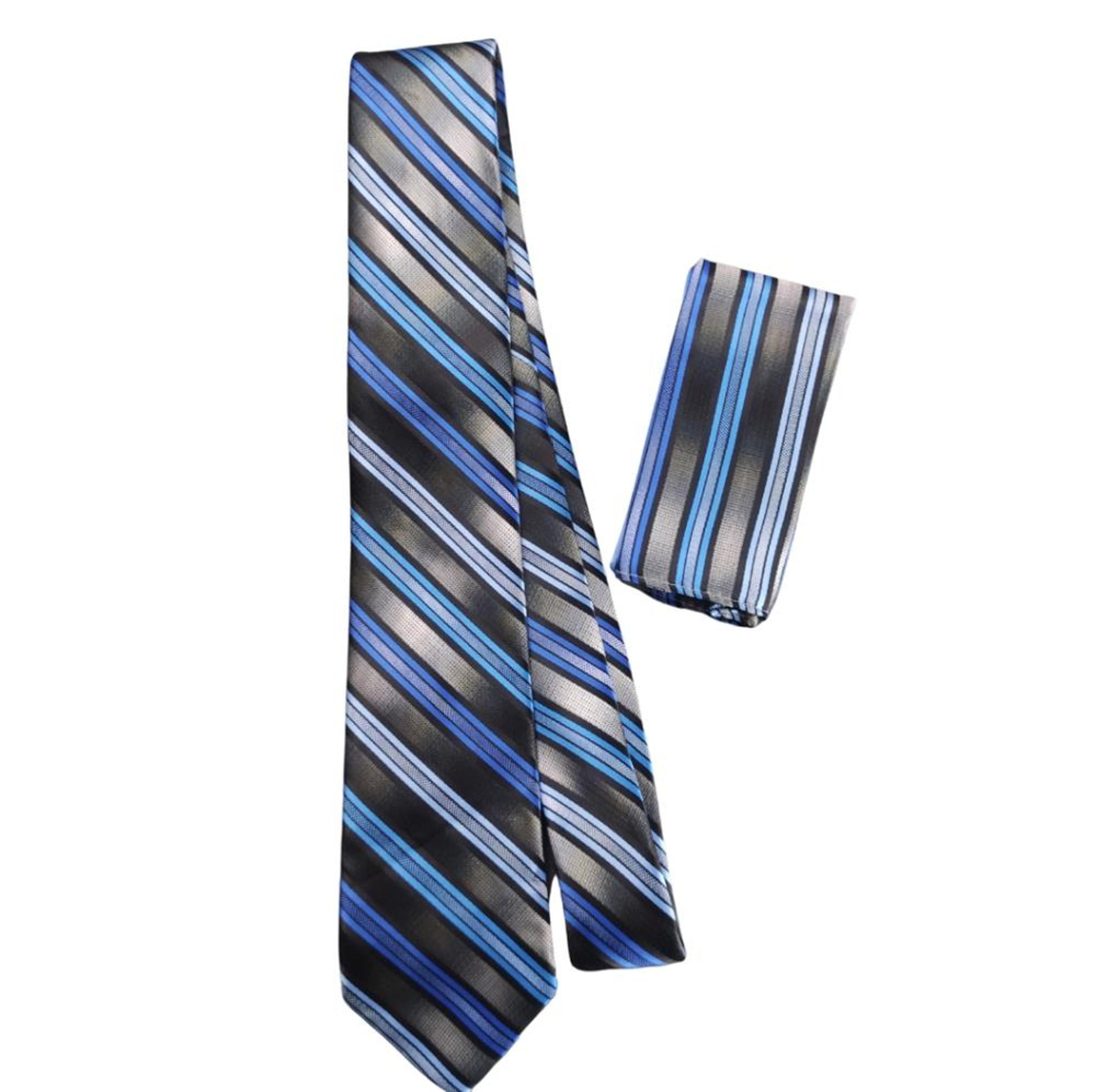 Pierre Cardin Blue and Silver Stripe Tie and Pocket Square
