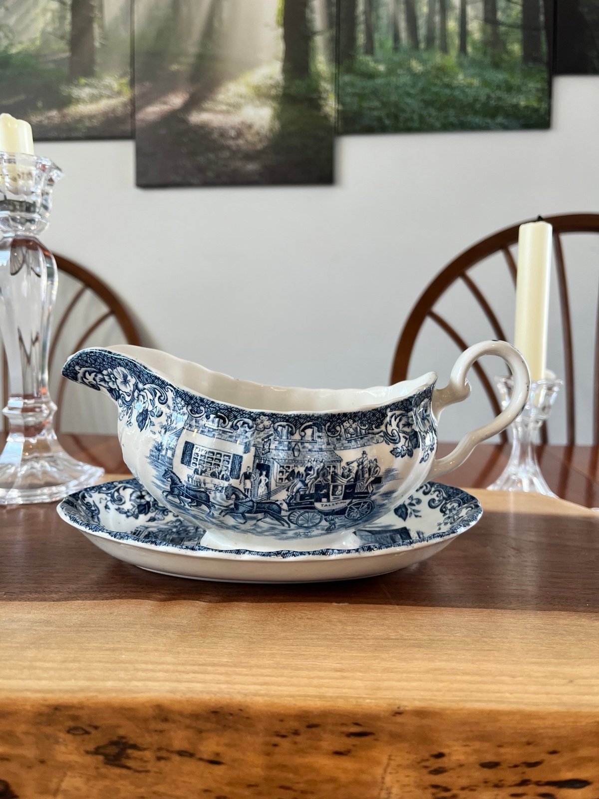 Johnson bros coaching scenes blue gravy boat with plate