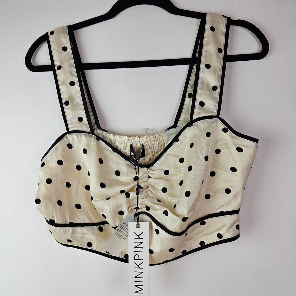Minkpink Womens Ivory Black Polka Dot Crop Tank Top Large Retro 50s Satin