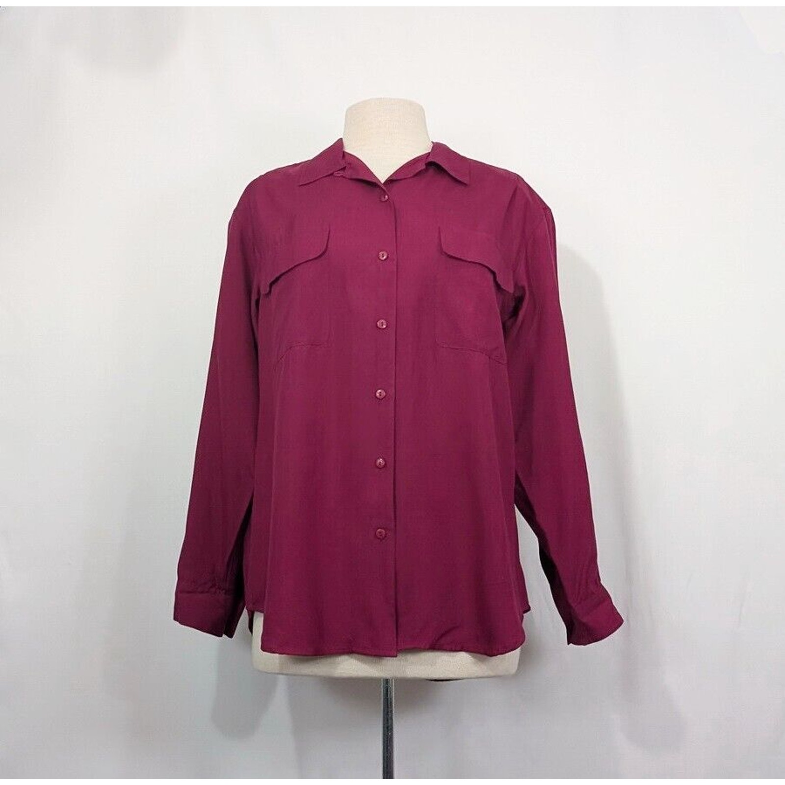 Vintage 90s Blouse Silk Top Shirt Dark Pink Blassport Bill Blass Misses Size M