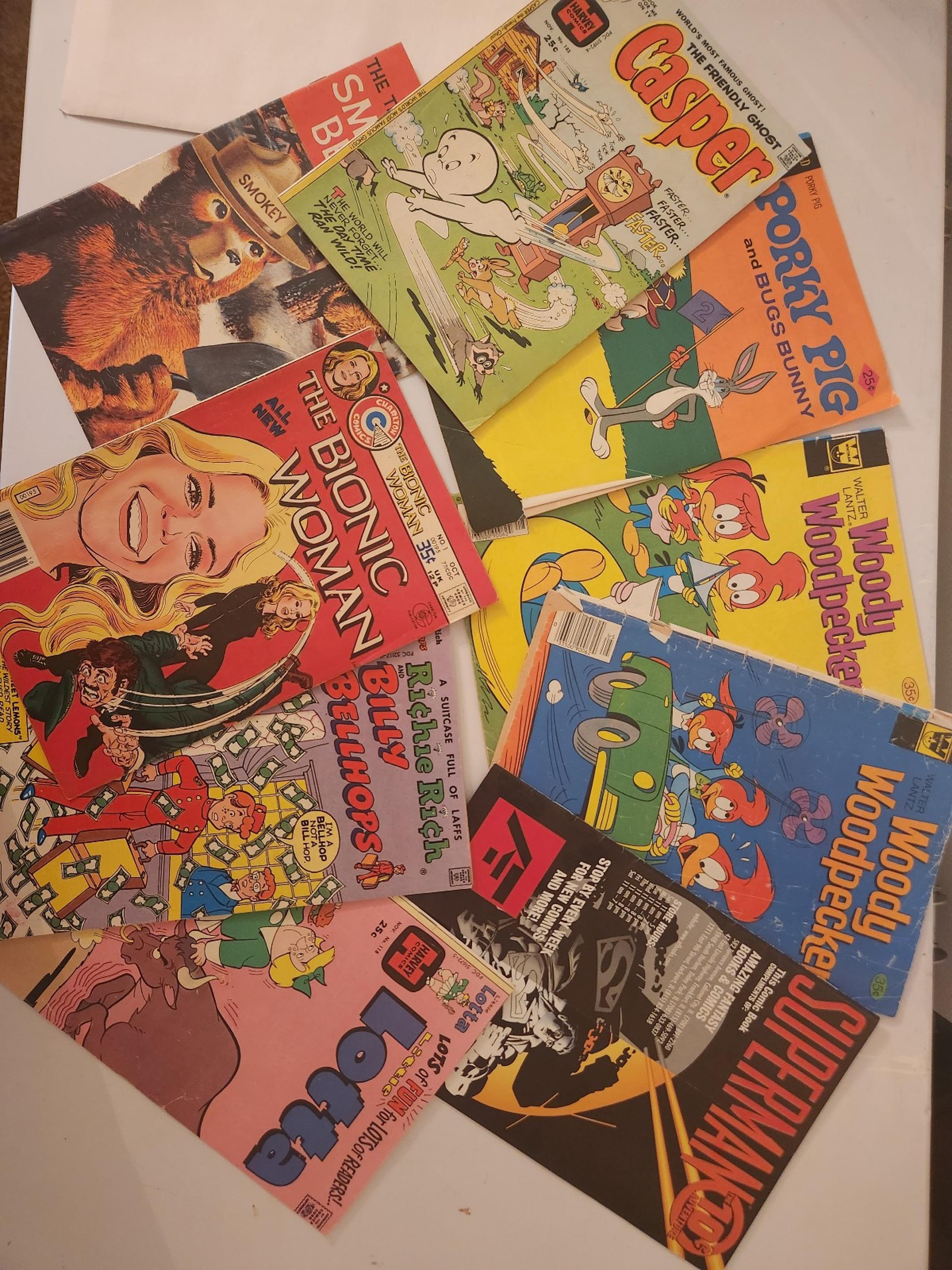 vintage 70s 80s comic book lot of 9 woody bionic woman Lotta casper superman