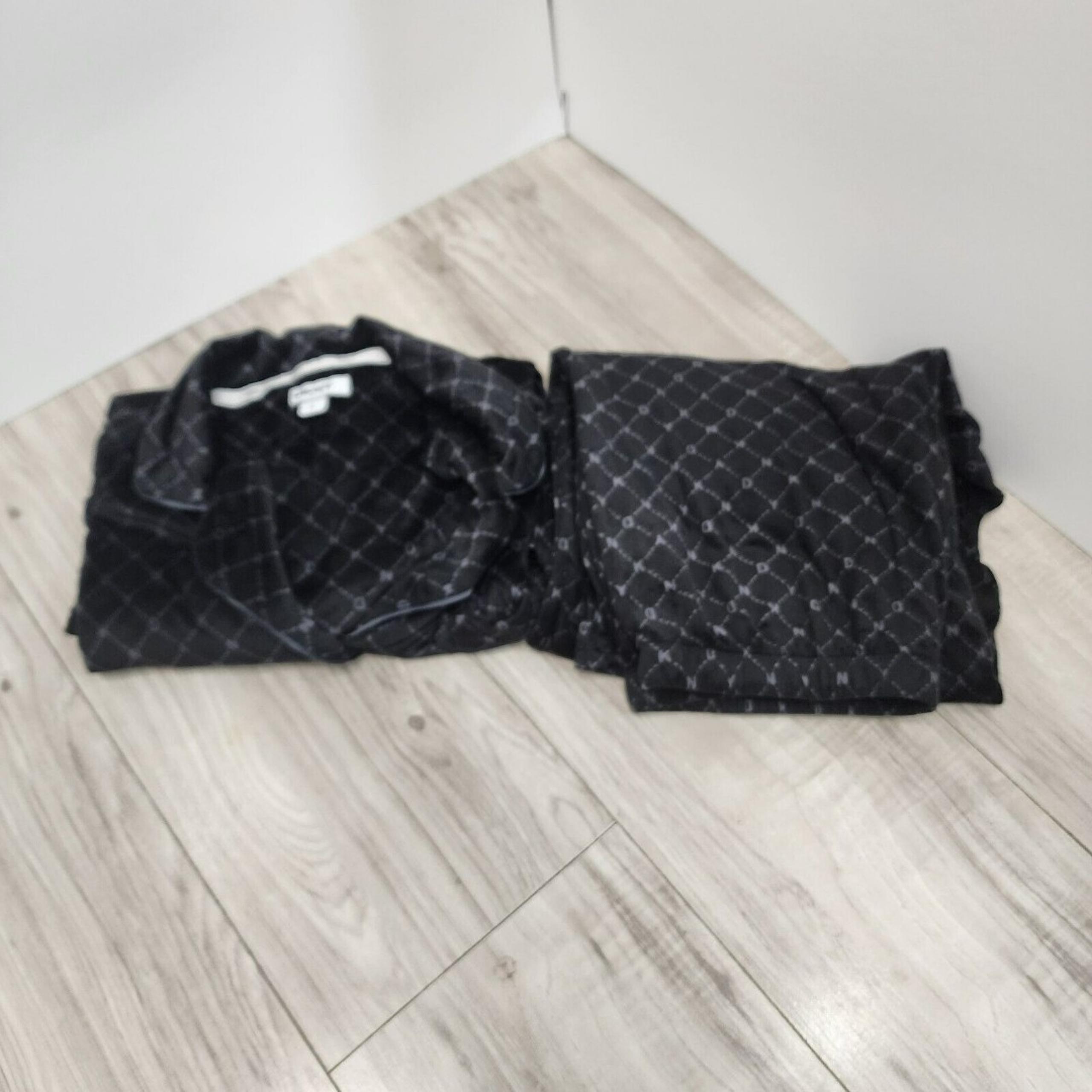 DKNY Black Logo Velour Pajamas PJ Set Button Top & Pants Pockets Sz S