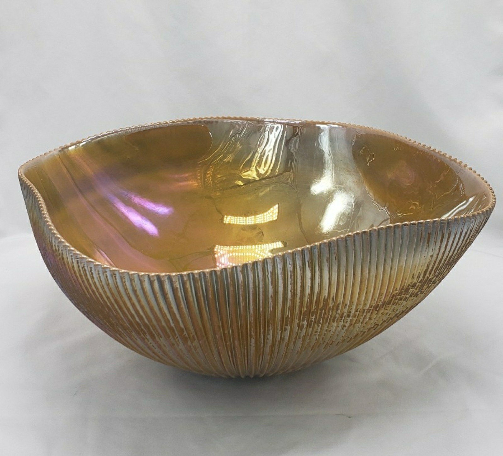 Murano Yalos Casa Ribbed Irredescent Gold Shell Bowl 12 Italy