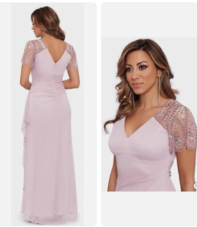 Xscape Lana Long V-Neck Beaded Flutter Sleeve Dress