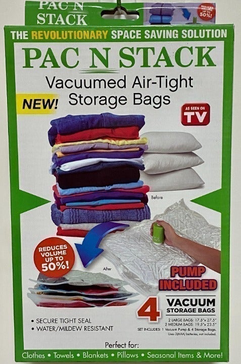 PAC' N STACK VACUUM SEALING STORAGE BAGS -4 BOXES-BOXS-16 BAGS