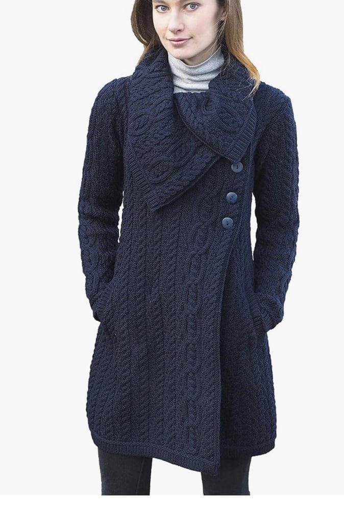 Aran Crafts Women's Cable Knit Soft Collar 3 Button Coat navy L