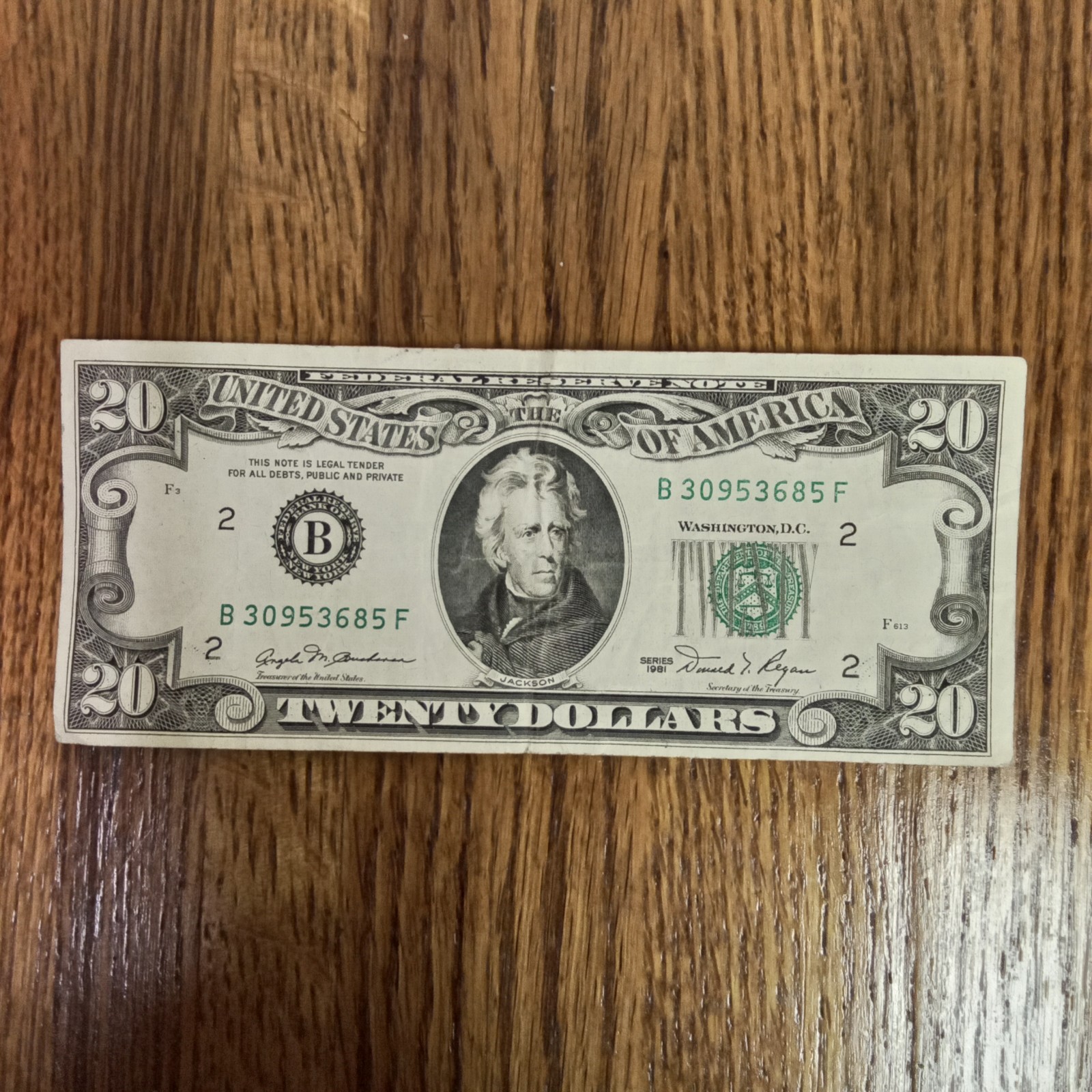 1981 20 Dollar Bill Serial Number B30953685F