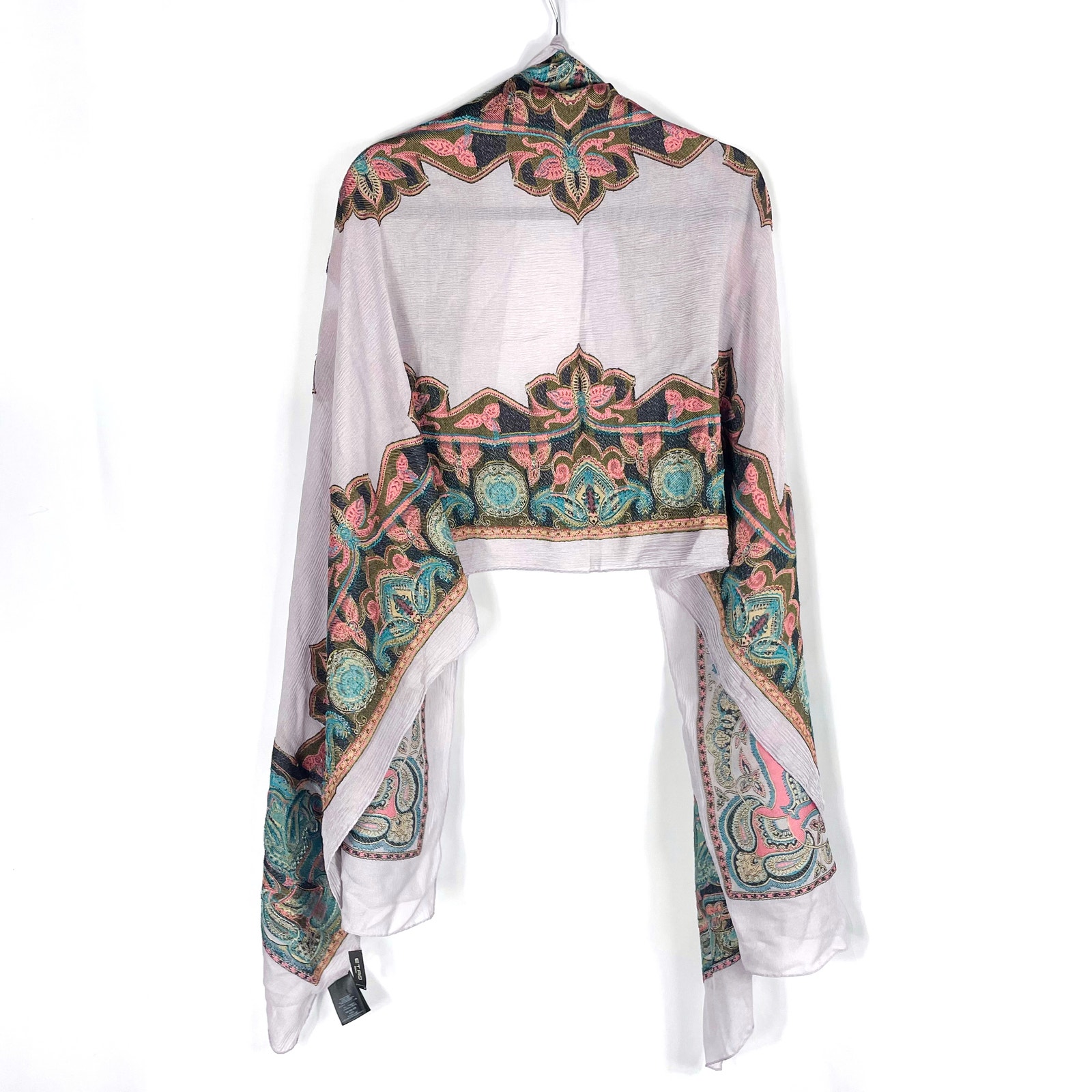 ETRO Silk Scarf Gray Orange Blue Paisley Embroidered Floral Rectangle