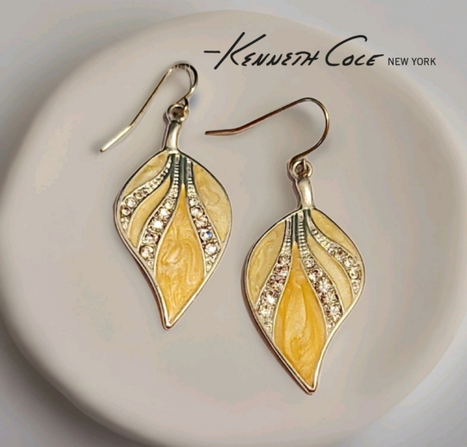 Y2k Kenneth Cole Designer Yellow Enamel Rhinestone Leaf Pendant Earring