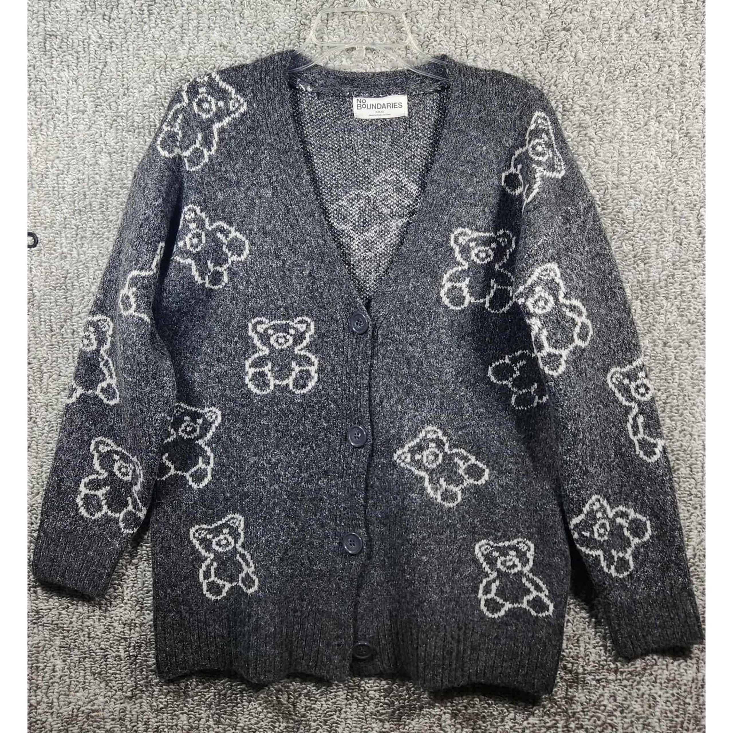 No Boundaries - Teddy Bear Cardigan Sweater Button Front Gray - Womens Medium