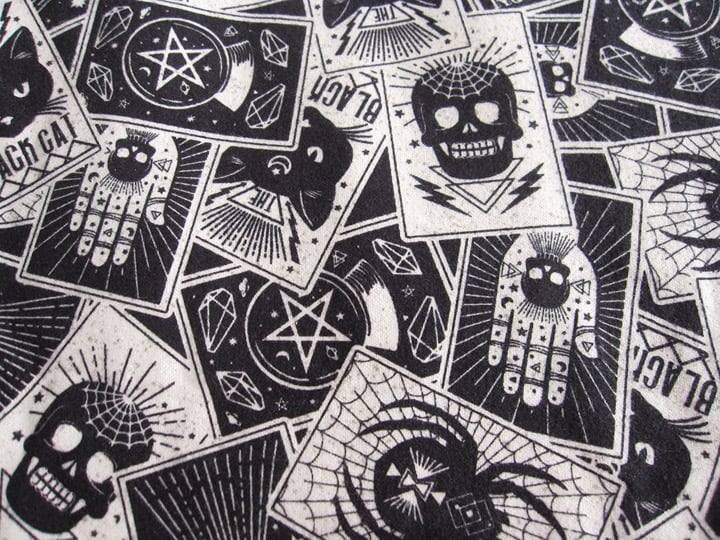 Halloween Flannel Fabric 3 Yds Fortune Teller Tarot Crystal Ball Skull Black Cat