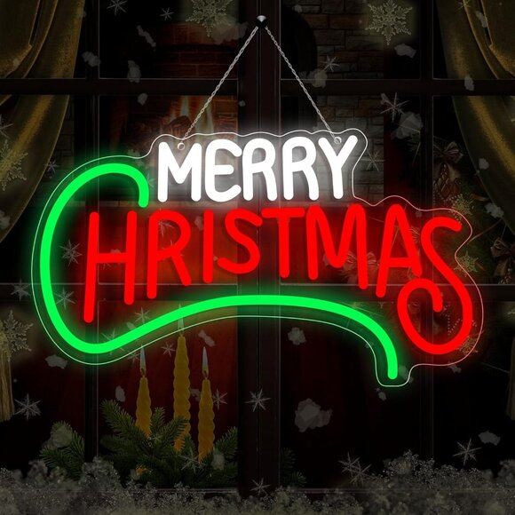 New Merry Christmas Neon Light Sign Dimmable USB LED Red & Green Holiday Decor