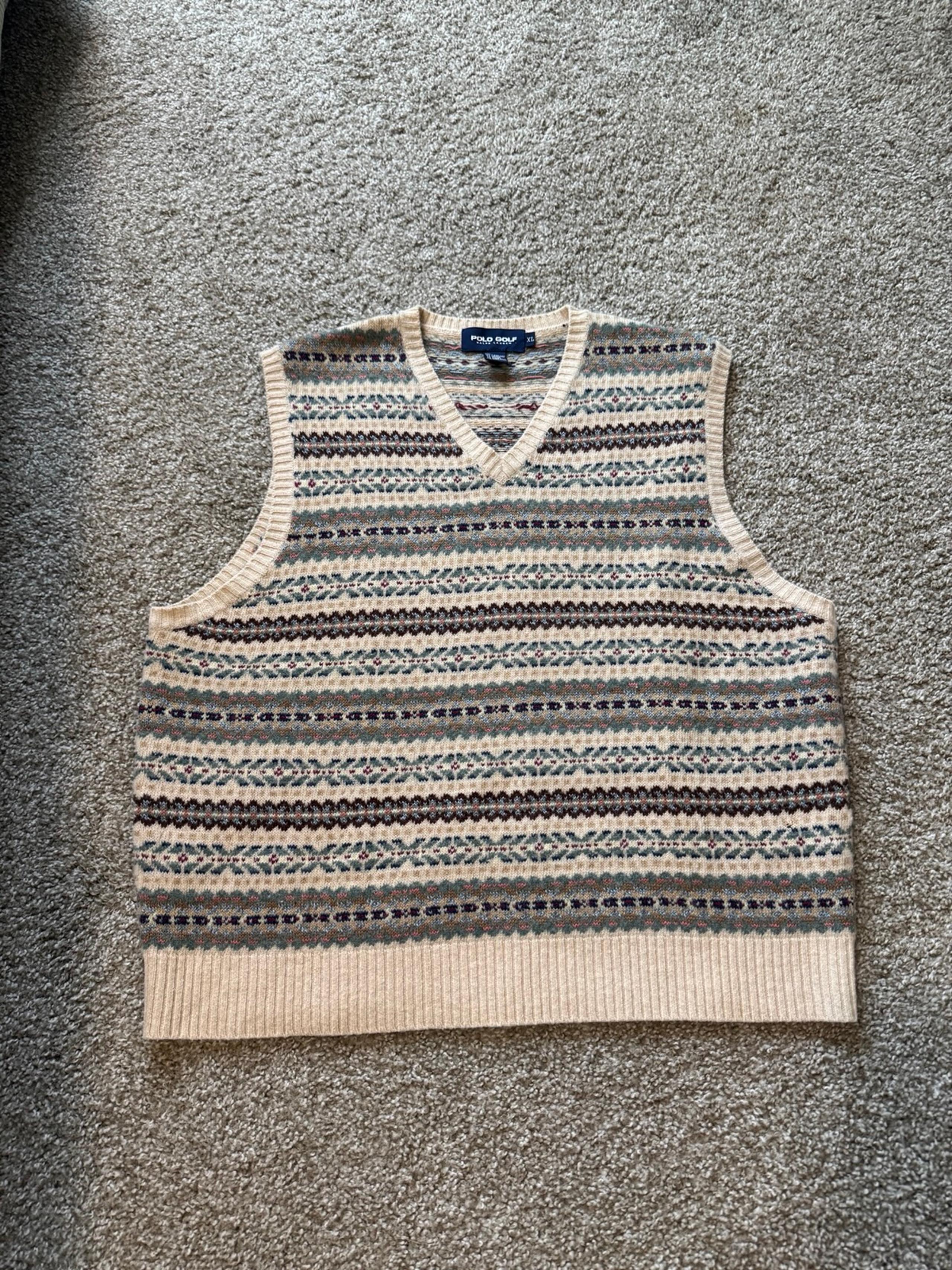 Polo Golf Ralph Lauren Vintage Tan Fair Isle Lambs Wool Sweater Vest Mens XL
